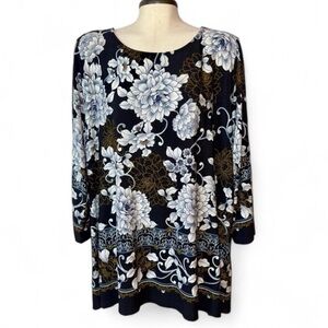 Investments Black and Gold Floral Tunic Top Size XL Bell Sleeves Work Wear